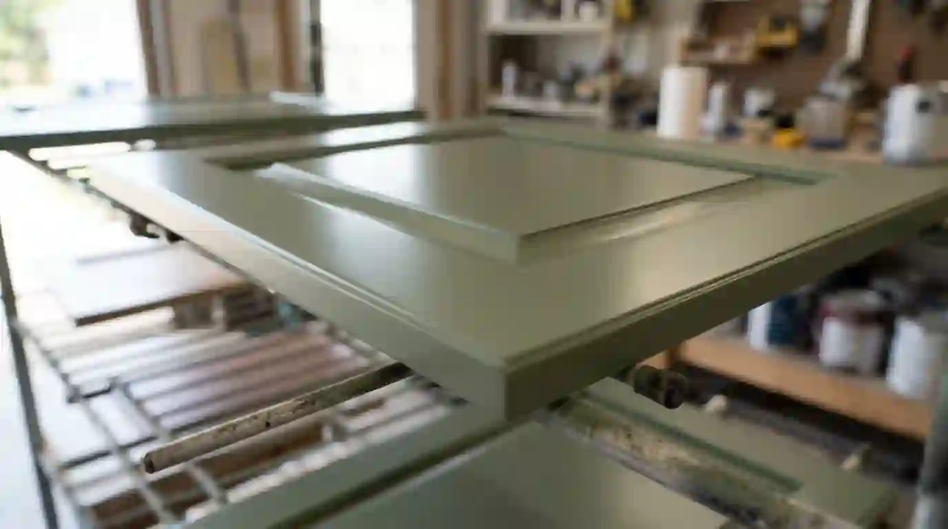 Freshly sprayed sage green cabinet door drying on a rack