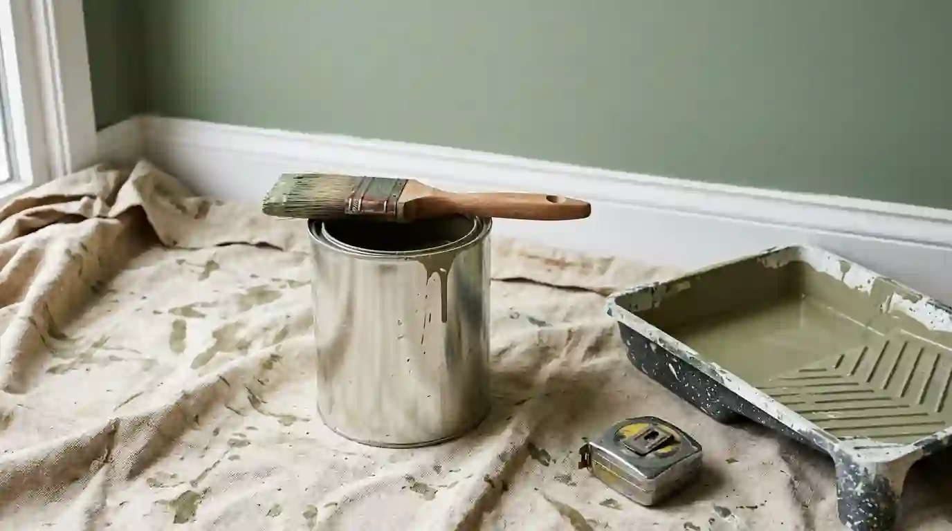 Paint supplies and tape measure laid out for a house painting estimate