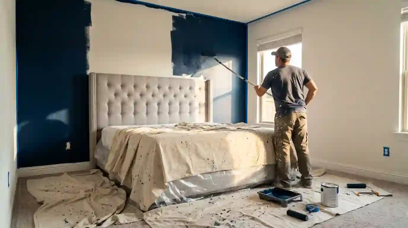 Painter rolling navy paint on a bedroom accent wall