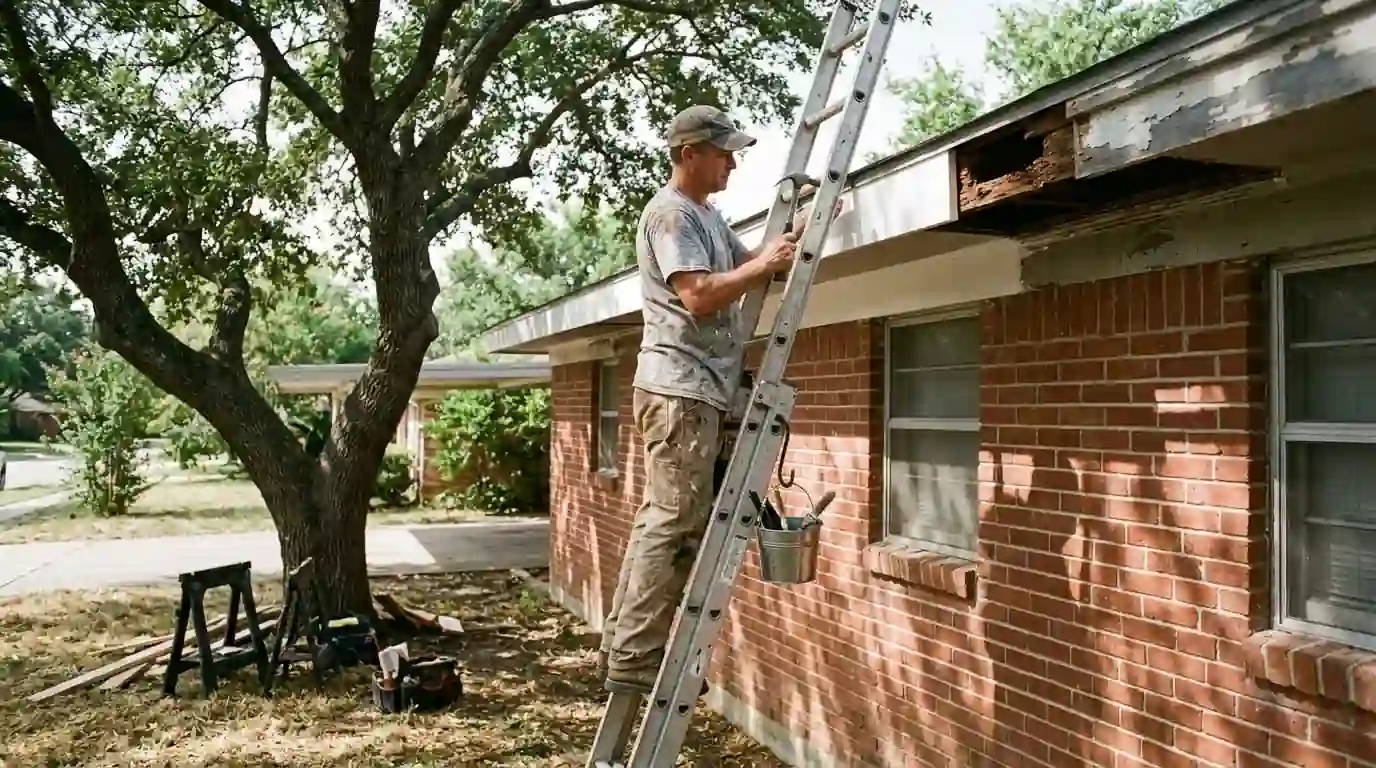 Painter replacing a rotted fascia board on a brick ranch home