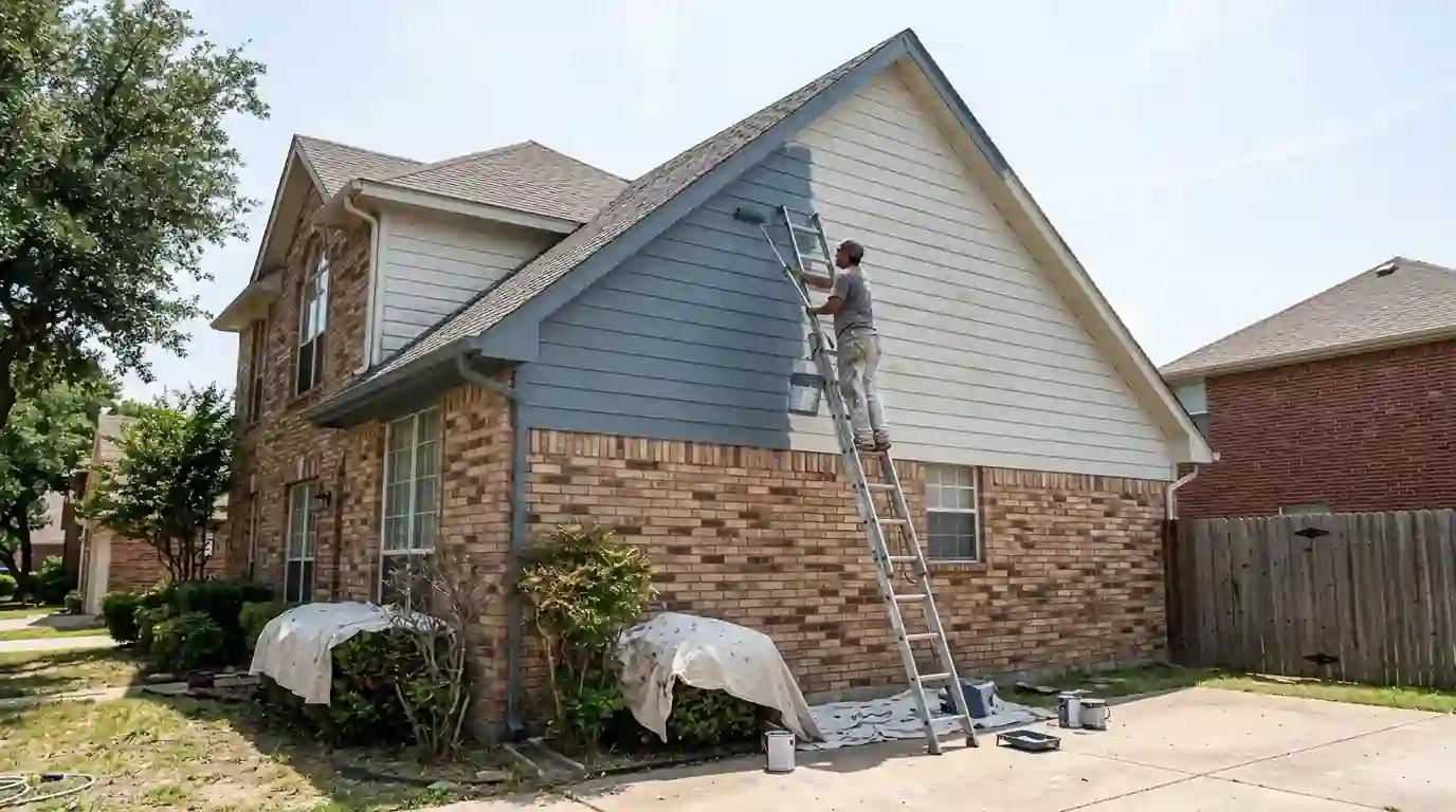 Painter rolling blue paint onto gable lap siding above brick