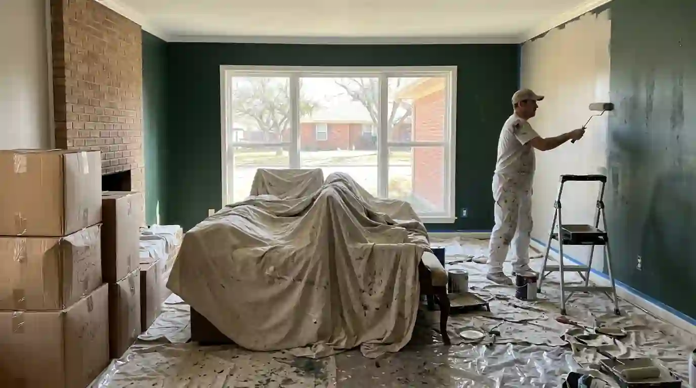 Painter refreshing a living room wall before a Fort Worth home sale