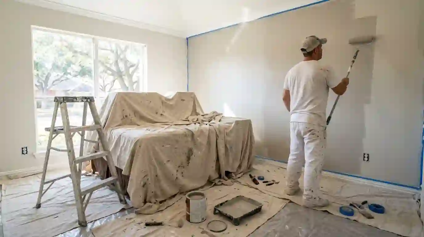 Painter rolling a bedroom wall in soft greige