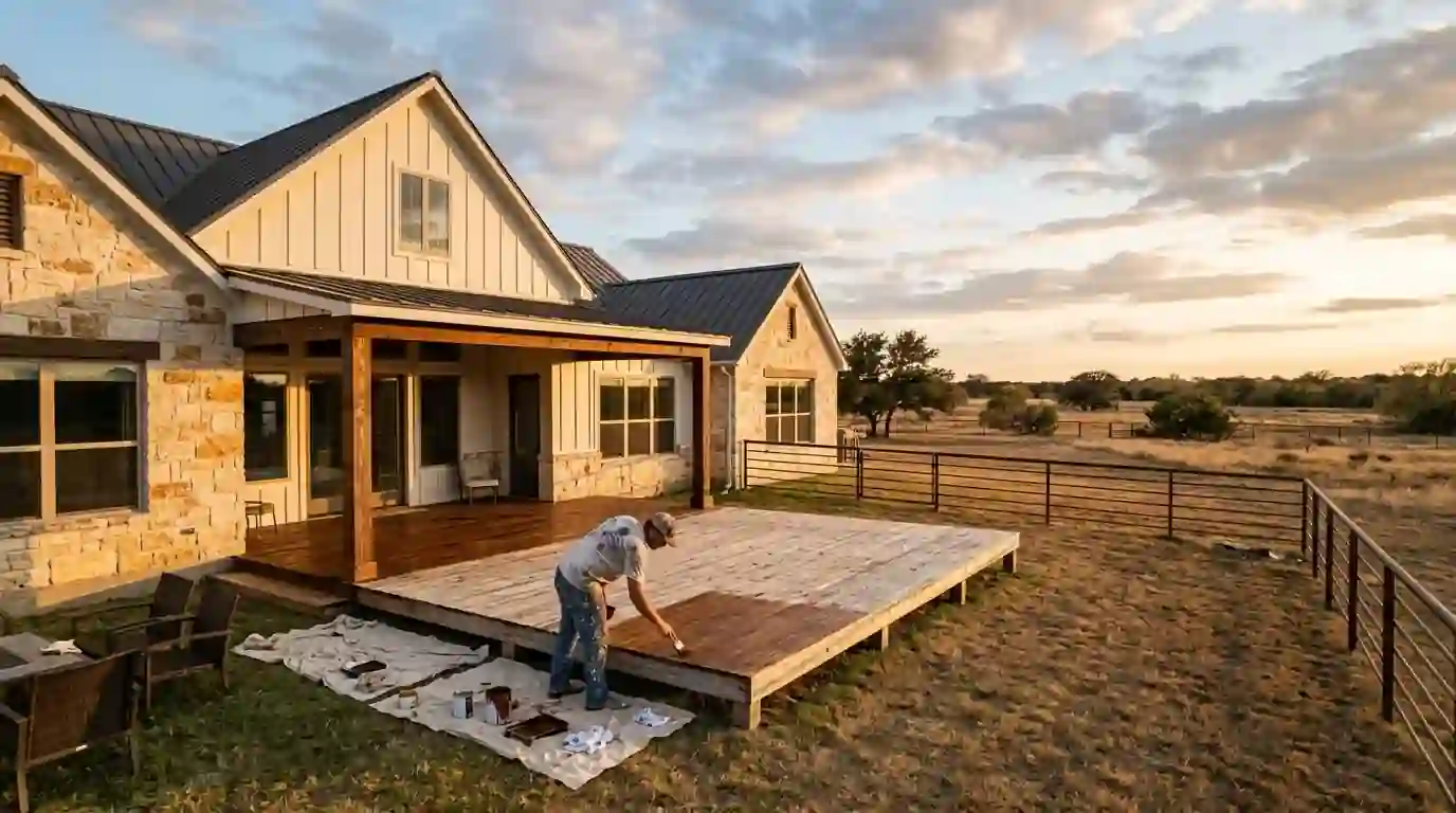 Painter staining a large back deck on a Parker County acreage home