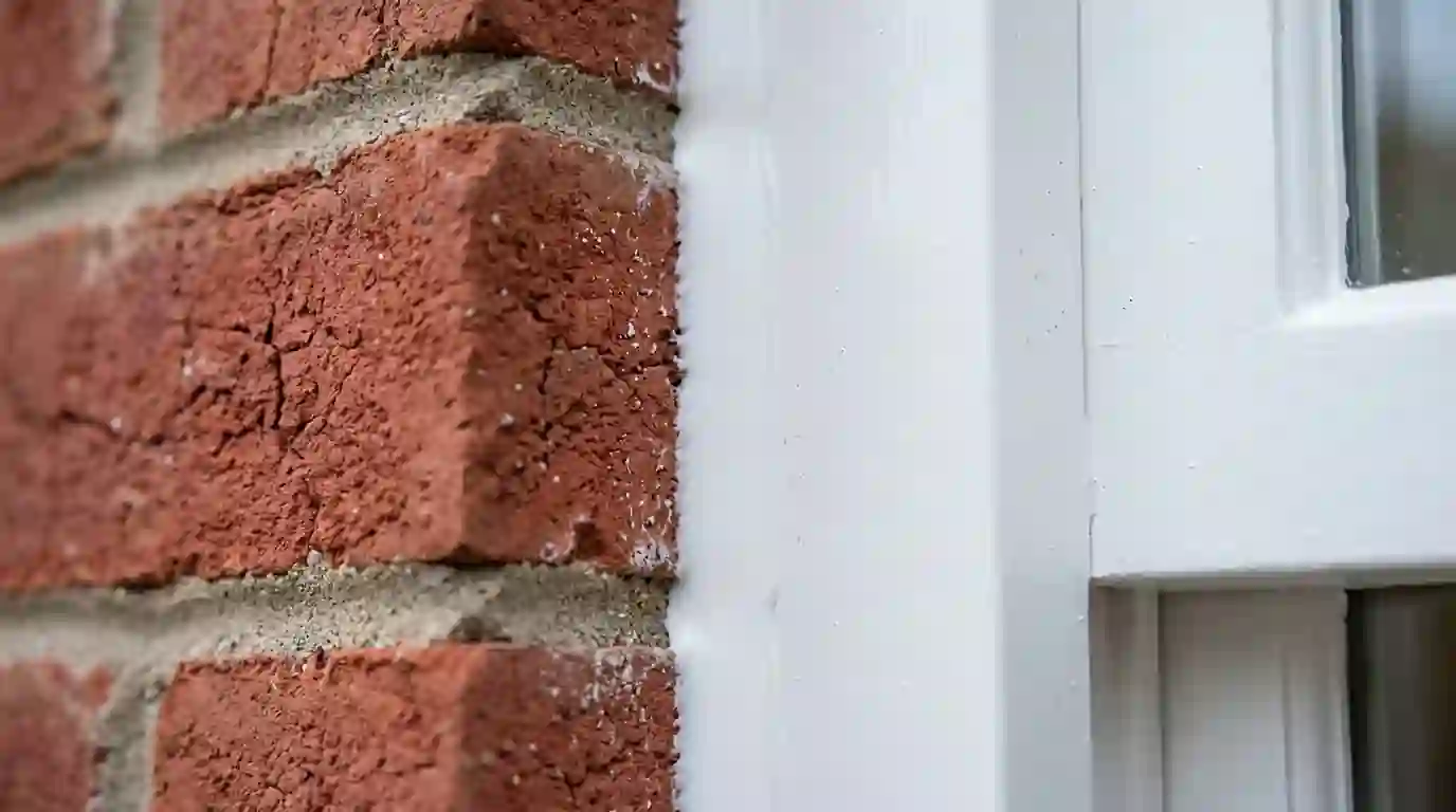 Fresh caulk line between red brick and white trim