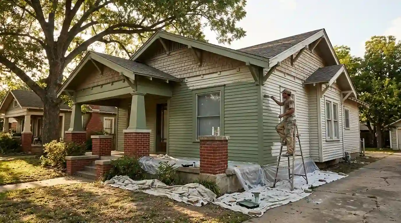 Painter refinishing wood siding on an Arlington Heights Craftsman bungalow