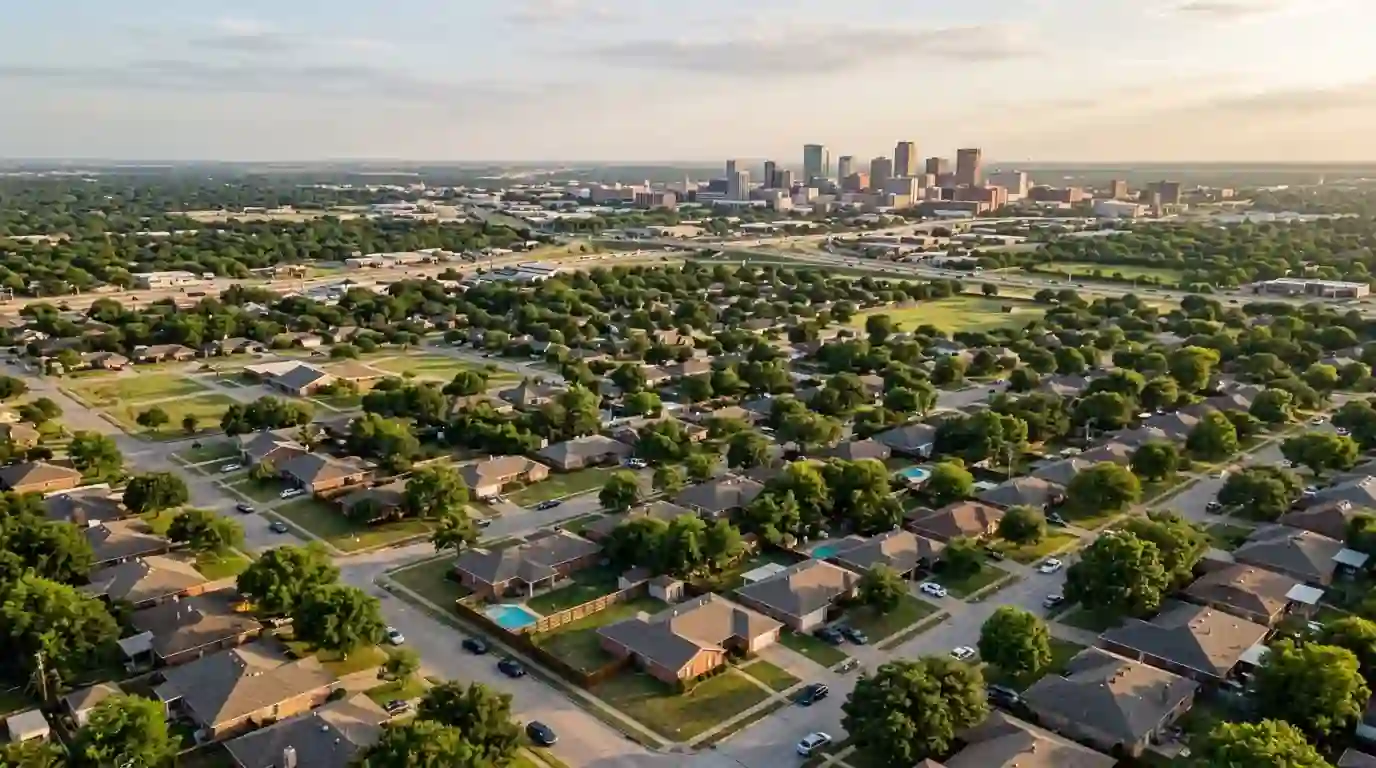Tree-lined Fort Worth neighborhood with the skyline beyond