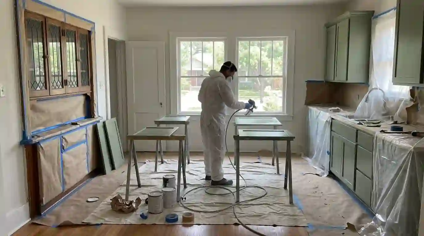 Painter refinishing kitchen cabinets in a Mistletoe Heights home