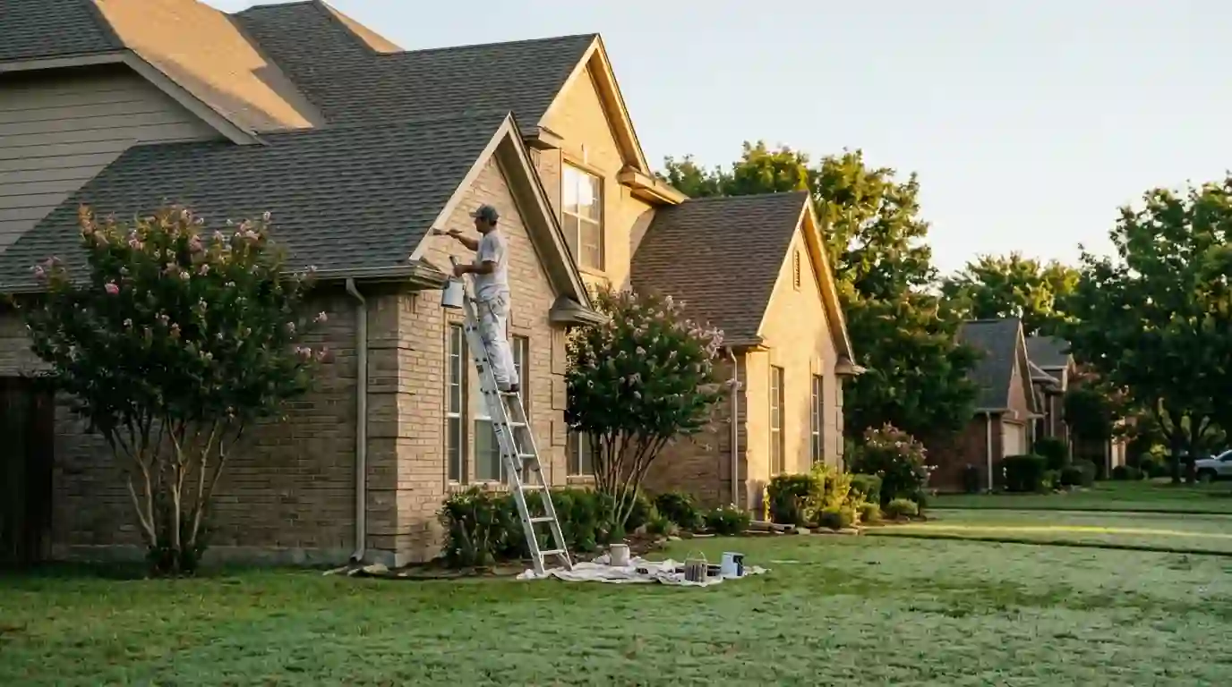 Painter working the shaded side of a Fort Worth home at sunrise