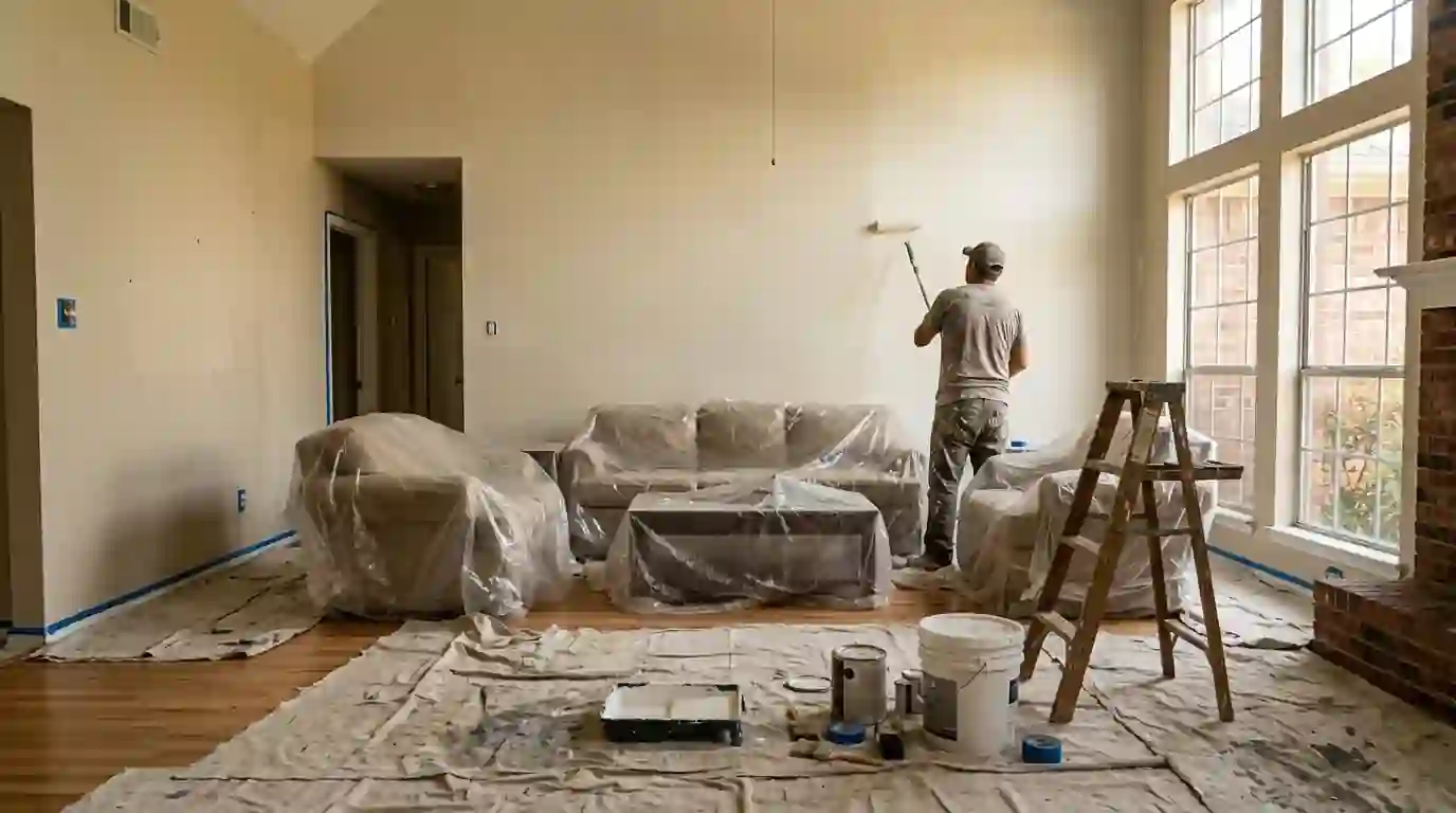 Painter rolling warm white paint on a Fort Worth living room wall
