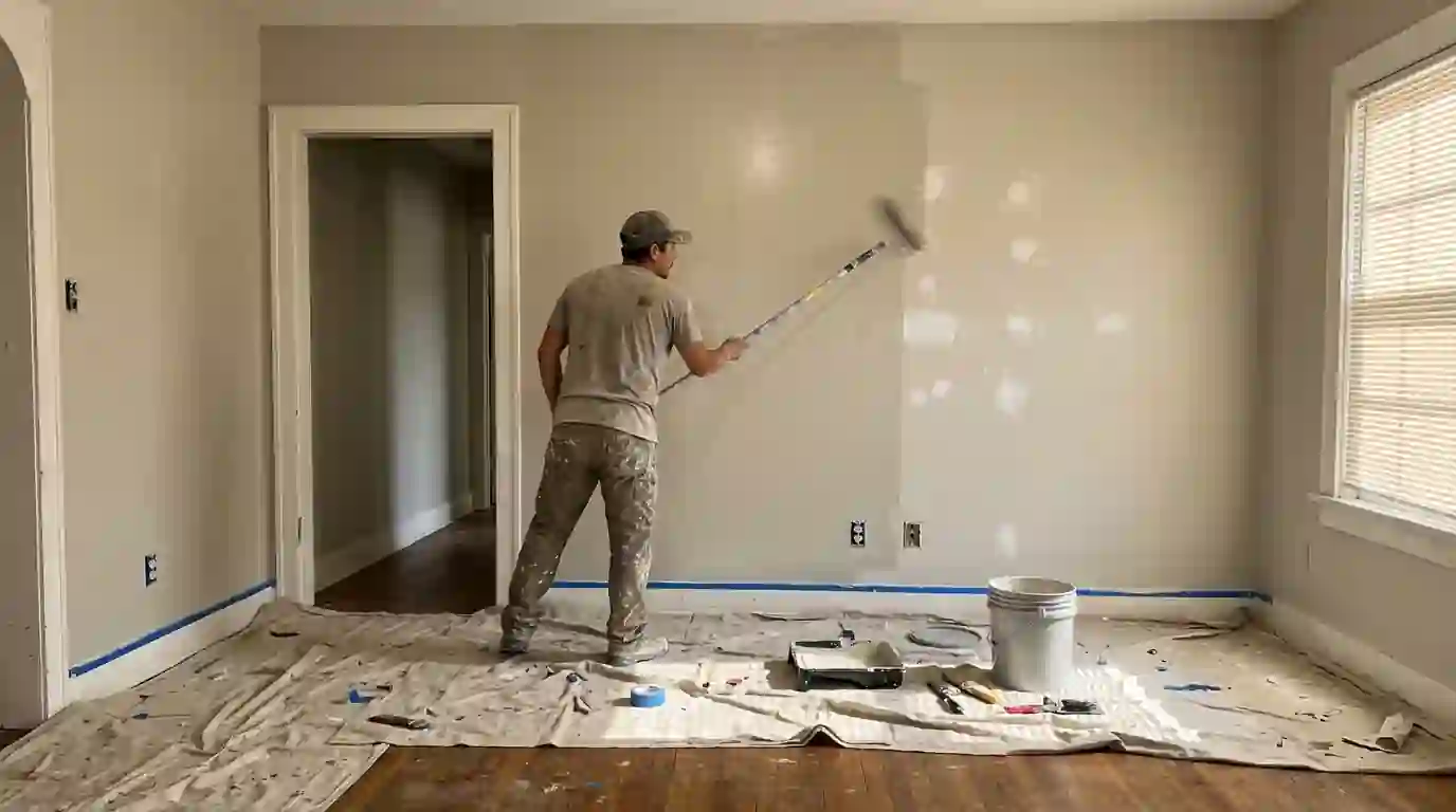 Painter repainting a vacant rental living room in Fort Worth