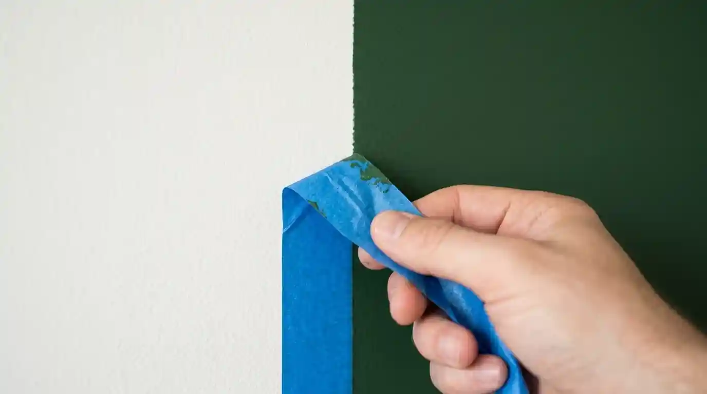 Tape peeled from a crisp green and white paint line