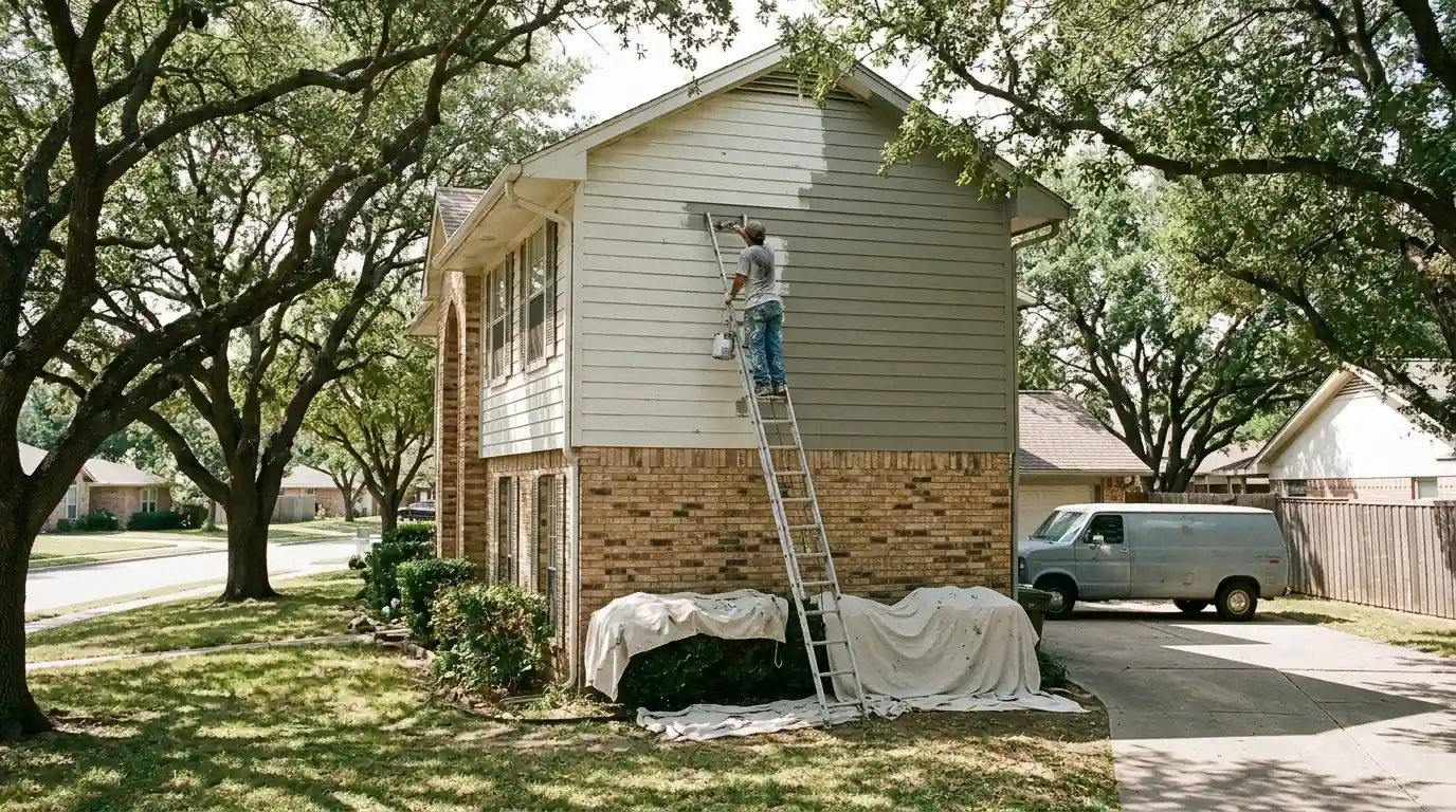 Painter repainting upper-floor siding on a two-story Bedford home