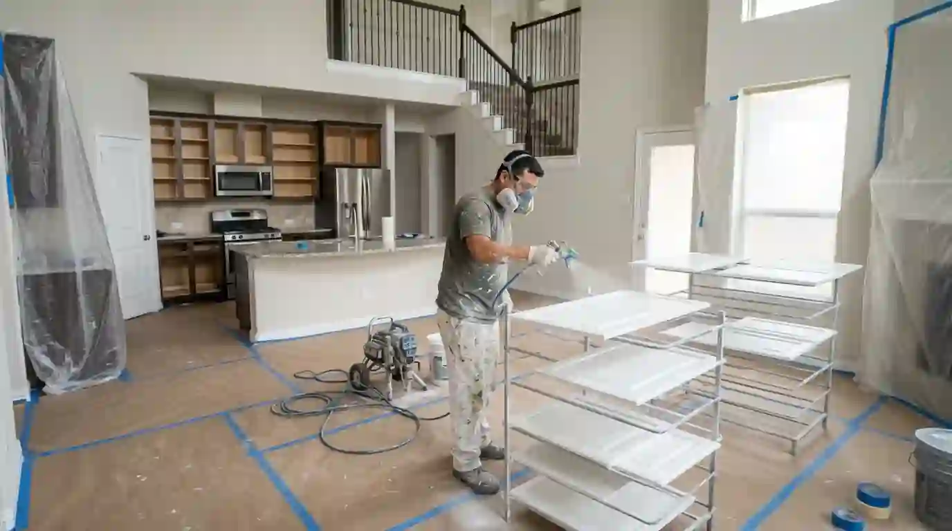Kitchen cabinet doors being painted in a Mansfield home