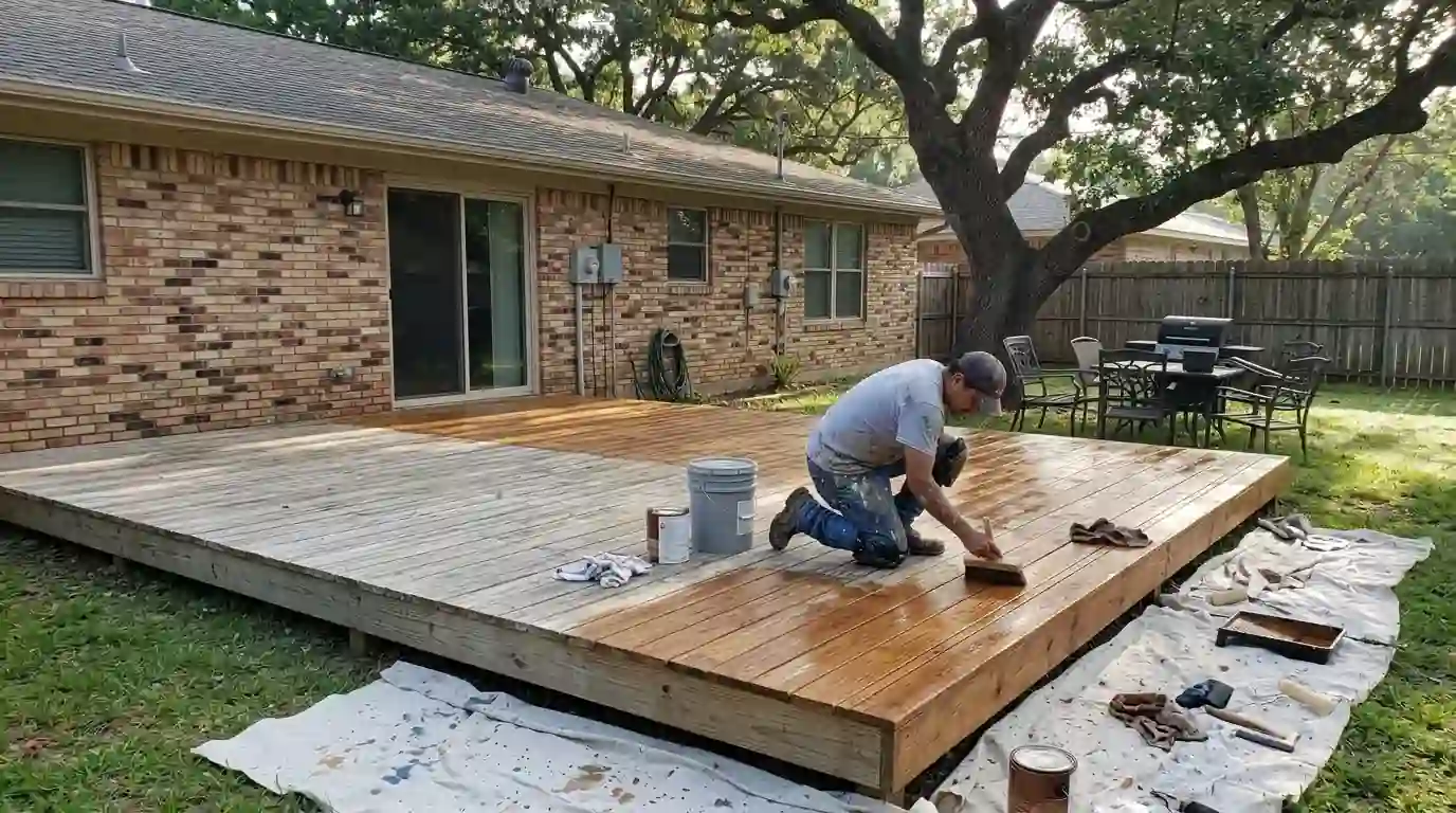 Painter brushing cedar-tone stain onto a backyard wood deck