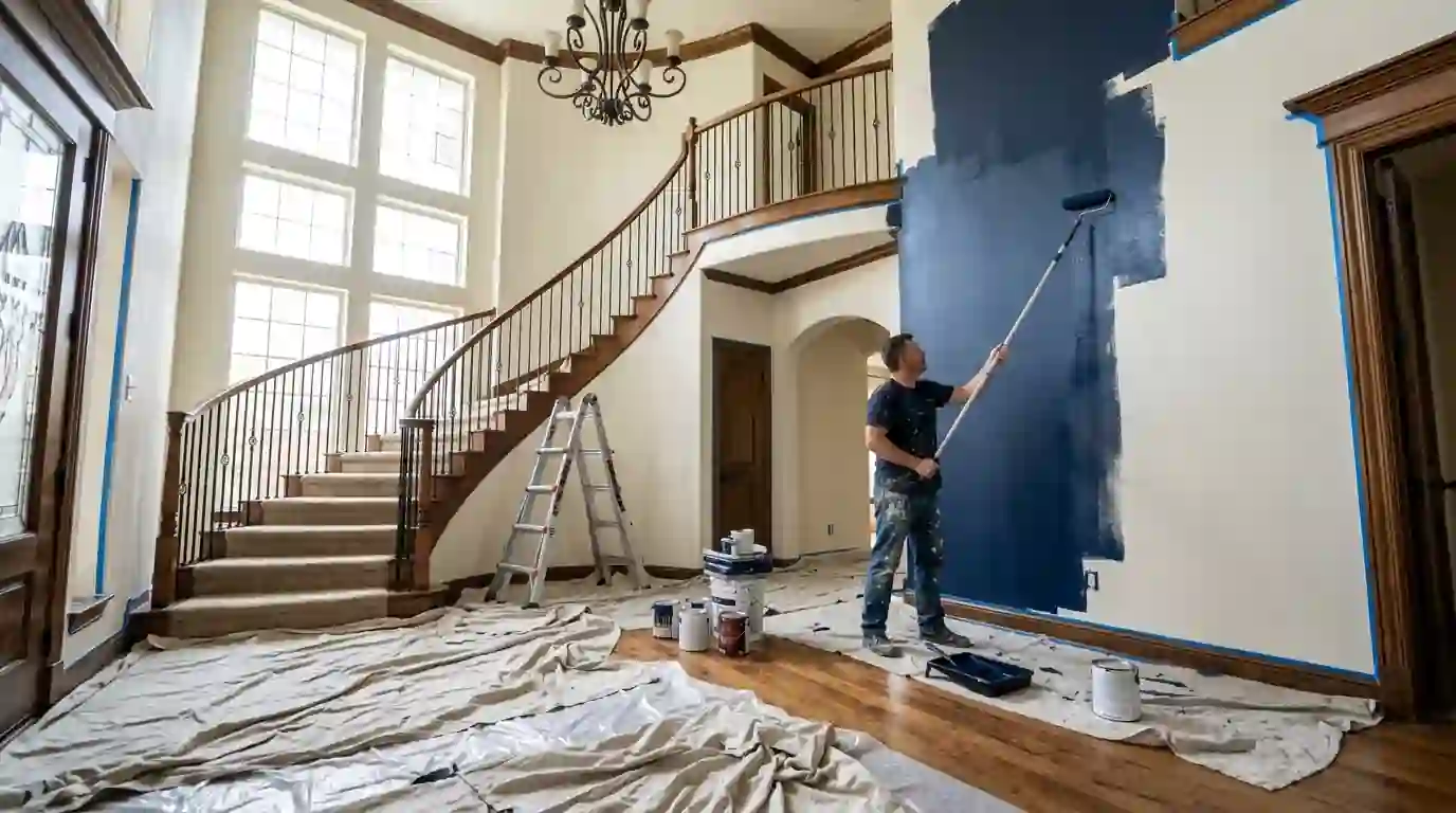 Painter rolling a navy accent wall in a Heritage home entry