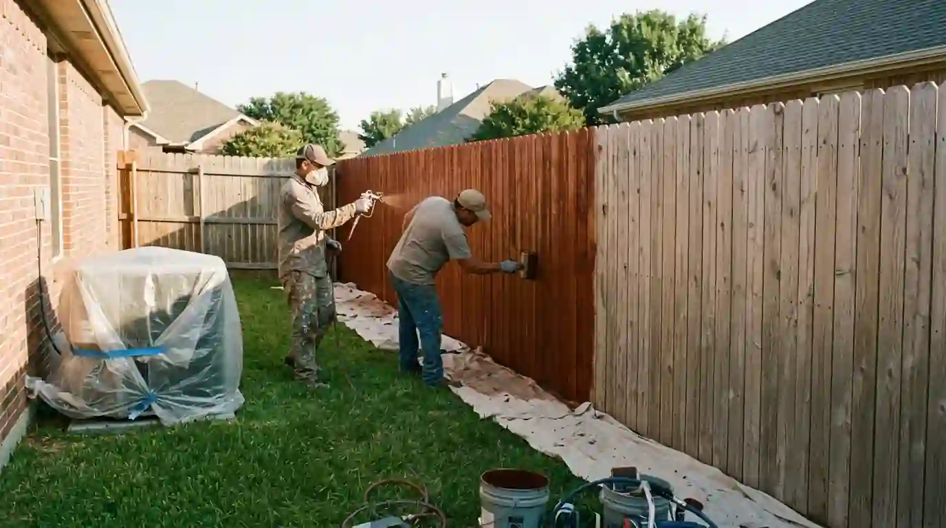 Painters staining a cedar privacy fence in a backyard