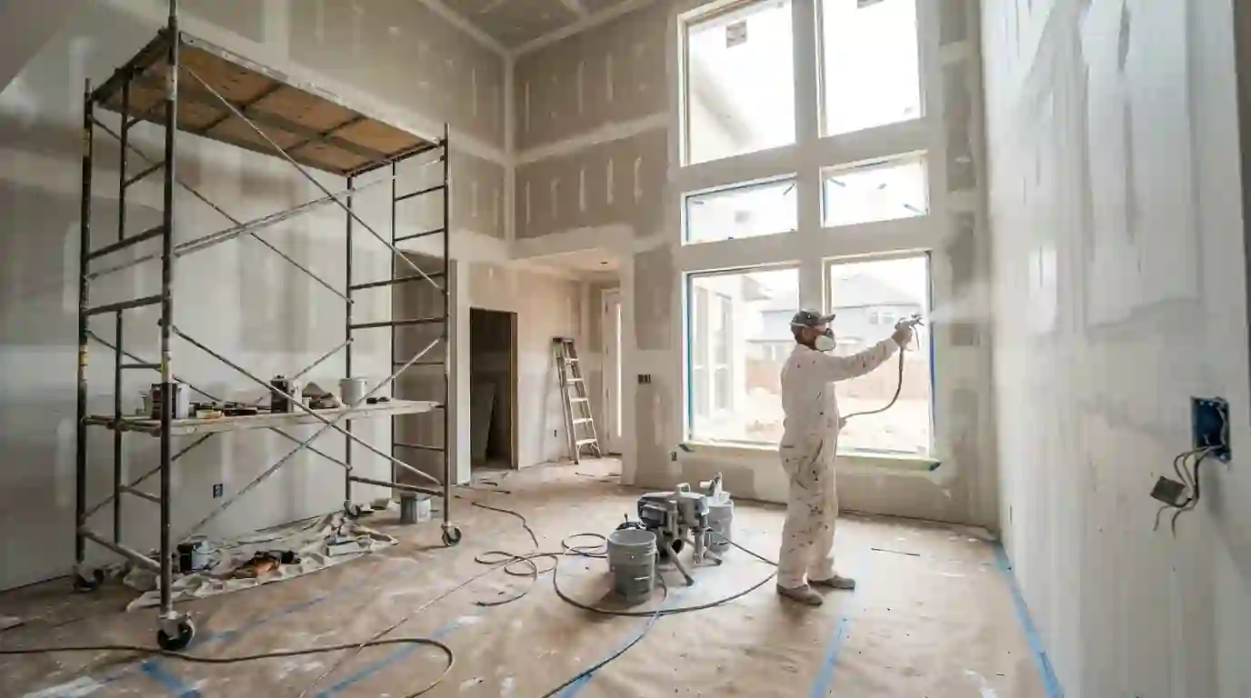 Painter priming new drywall inside a Fort Worth new construction home