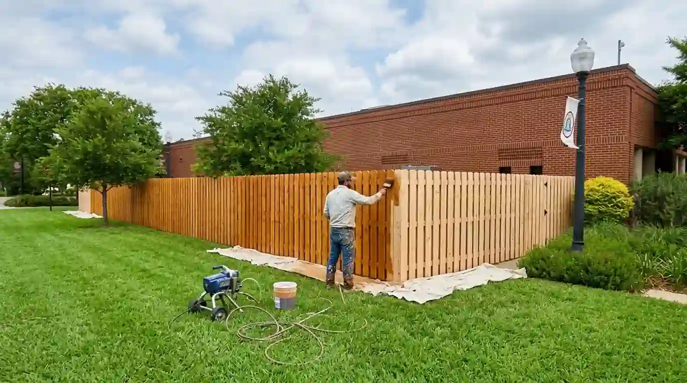 Painter staining a cedar privacy fence in a Burleson backyard