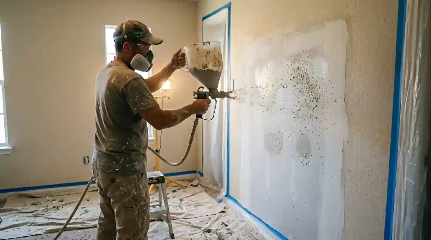 Painter spraying knockdown texture over a repaired wall section