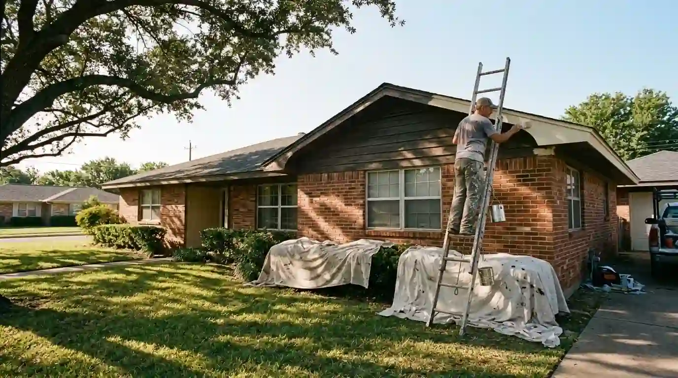 Painter brushing fresh trim paint on a Fort Worth brick ranch