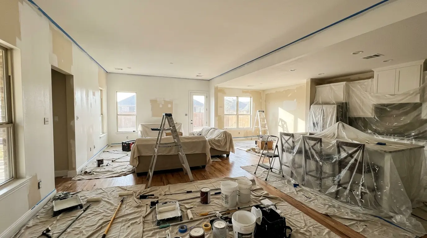 Open-plan living area halfway through an interior repaint