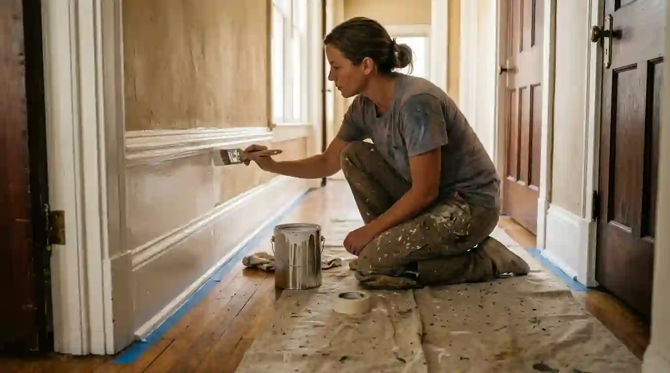 Painter brushing white enamel on baseboard in a Craftsman hallway