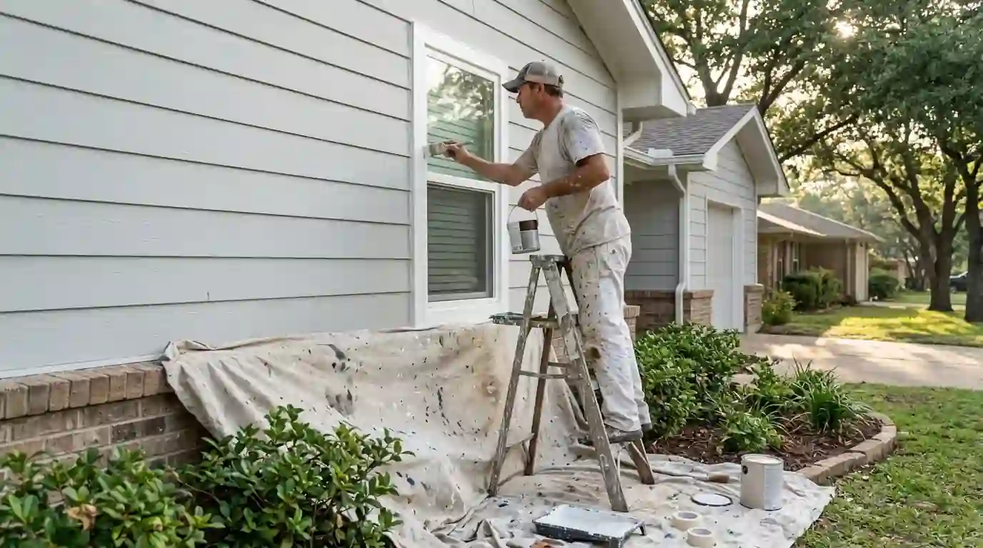 Painter cutting in white window trim on a gray house