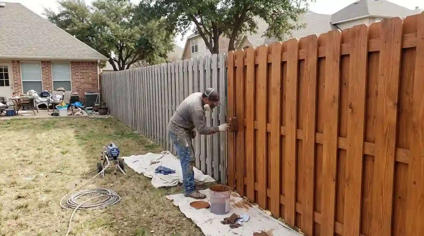 Wood privacy fence being stained in a Fort Worth backyard