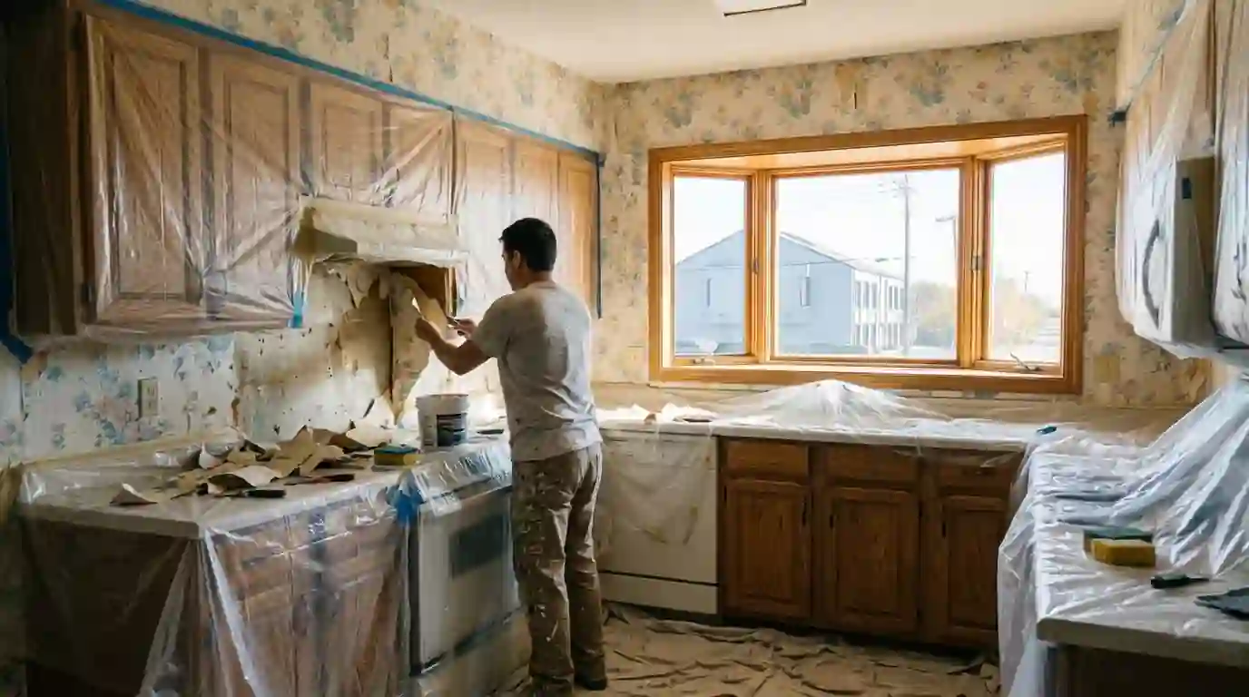 Painter removing old wallpaper in a North Richland Hills kitchen