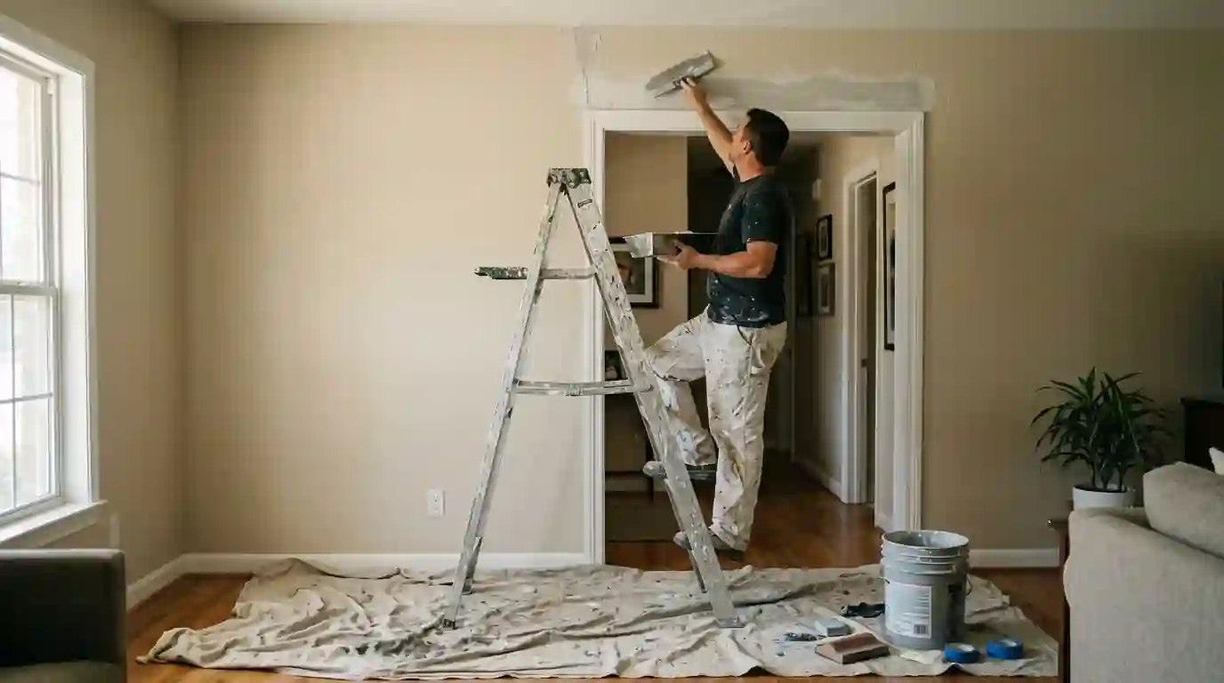 Roller applying white paint to a knockdown-textured ceiling