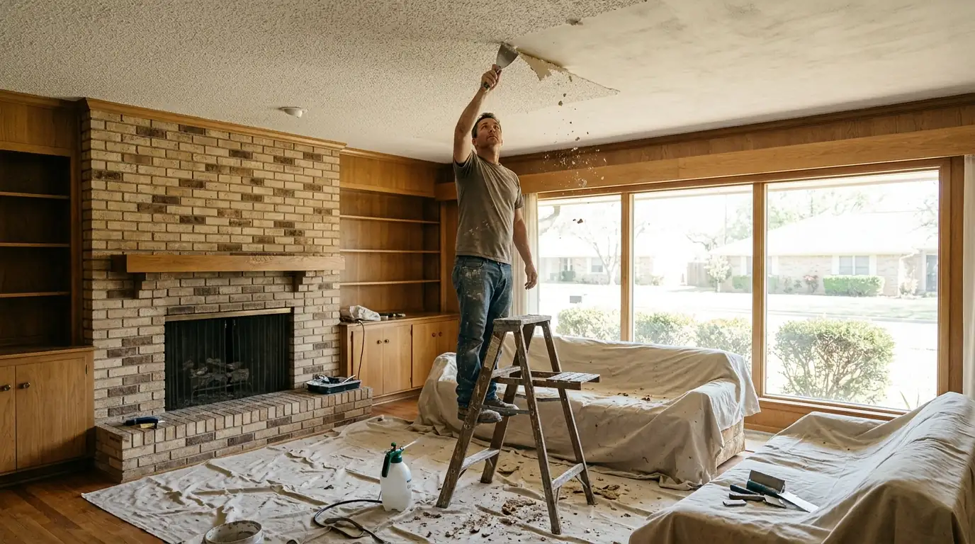 Painter scraping a popcorn ceiling in a Wedgwood ranch home