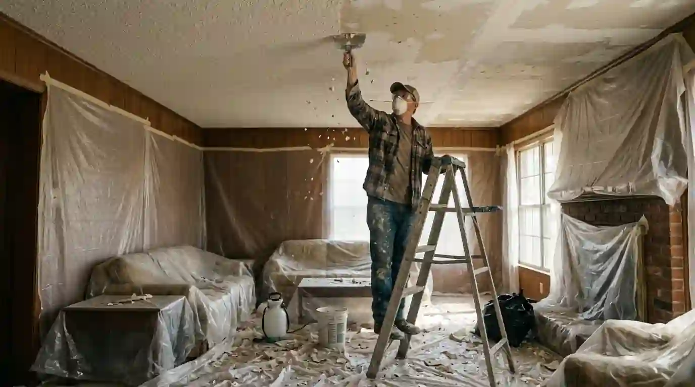 Painter scraping a popcorn ceiling in an older Arlington home