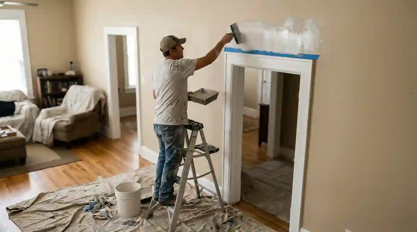 Painter spraying gray paint on a double steel garage door