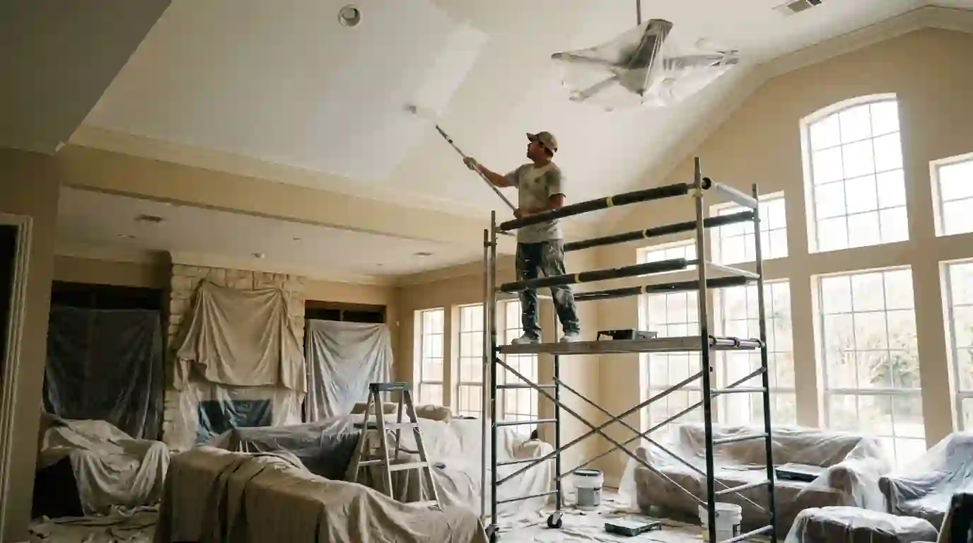 Painter rolling flat white paint on a vaulted Fort Worth ceiling