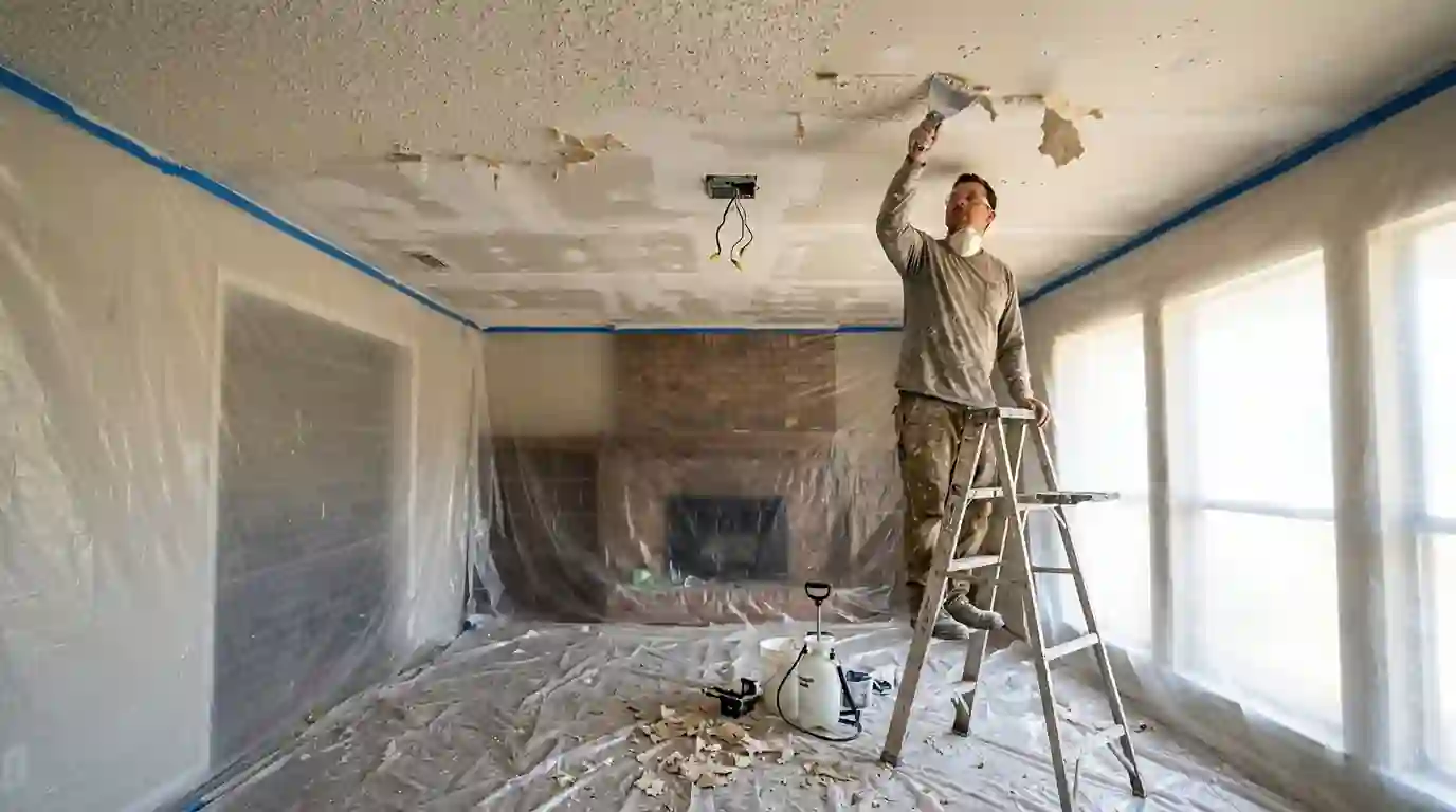 Painter scraping popcorn texture off a ceiling in a plastic-covered room