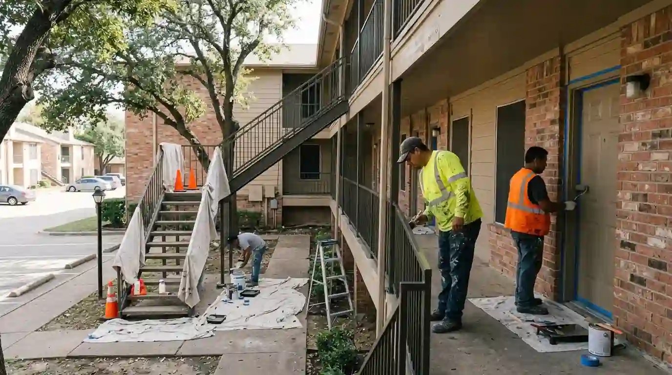 Crew repainting railings at an apartment community