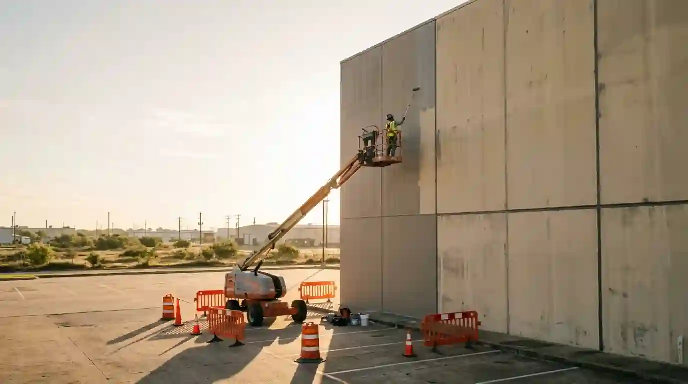 Painter on a lift recoating a tilt-wall warehouse in Fort Worth
