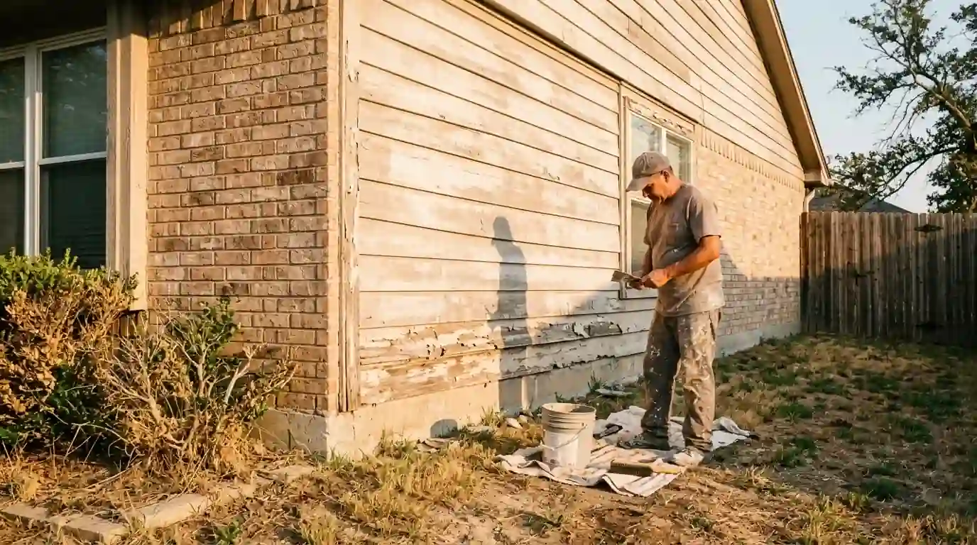 Sun-faded west wall siding on a Fort Worth home being inspected