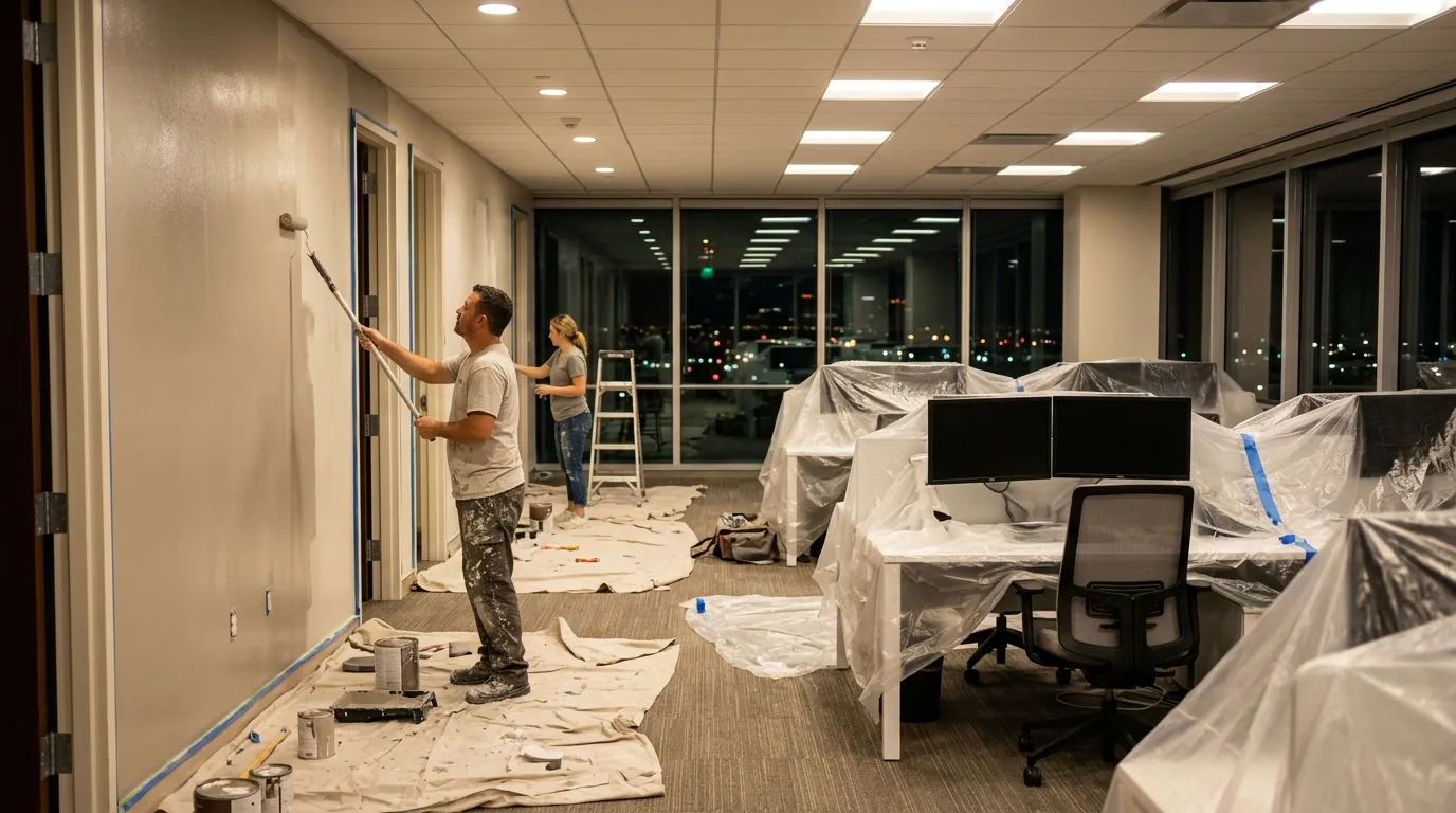 Painters working overnight in a protected Fort Worth office suite