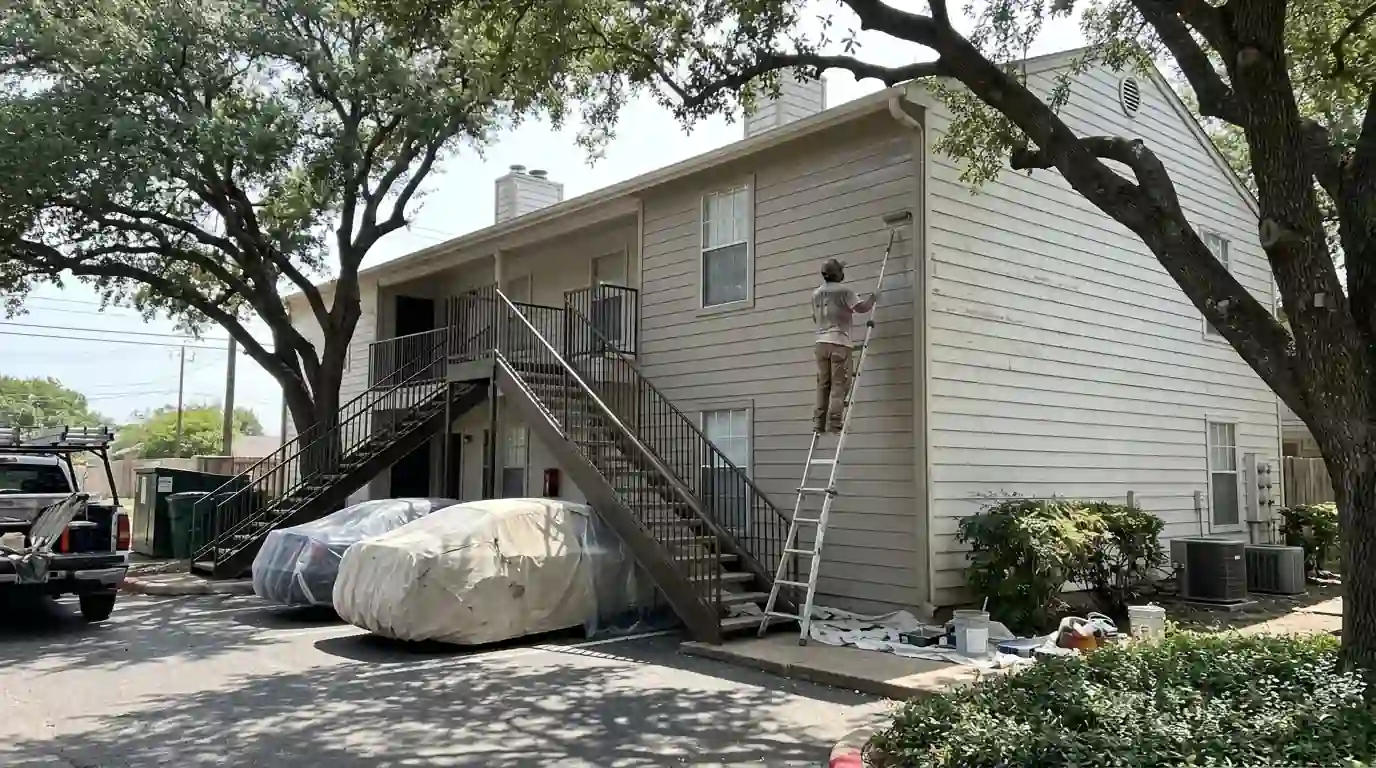 Painters repainting a garden-style apartment building in Fort Worth