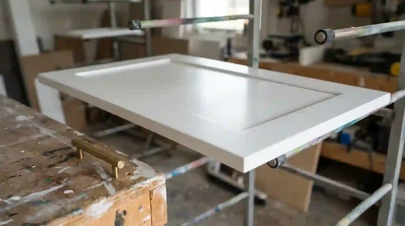Freshly painted shaker cabinet door drying on a rack