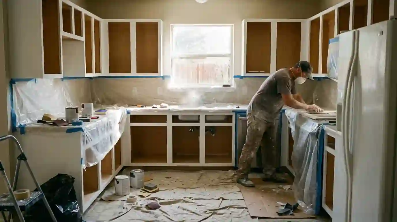 Kitchen cabinets being primed white in a Fort Worth home
