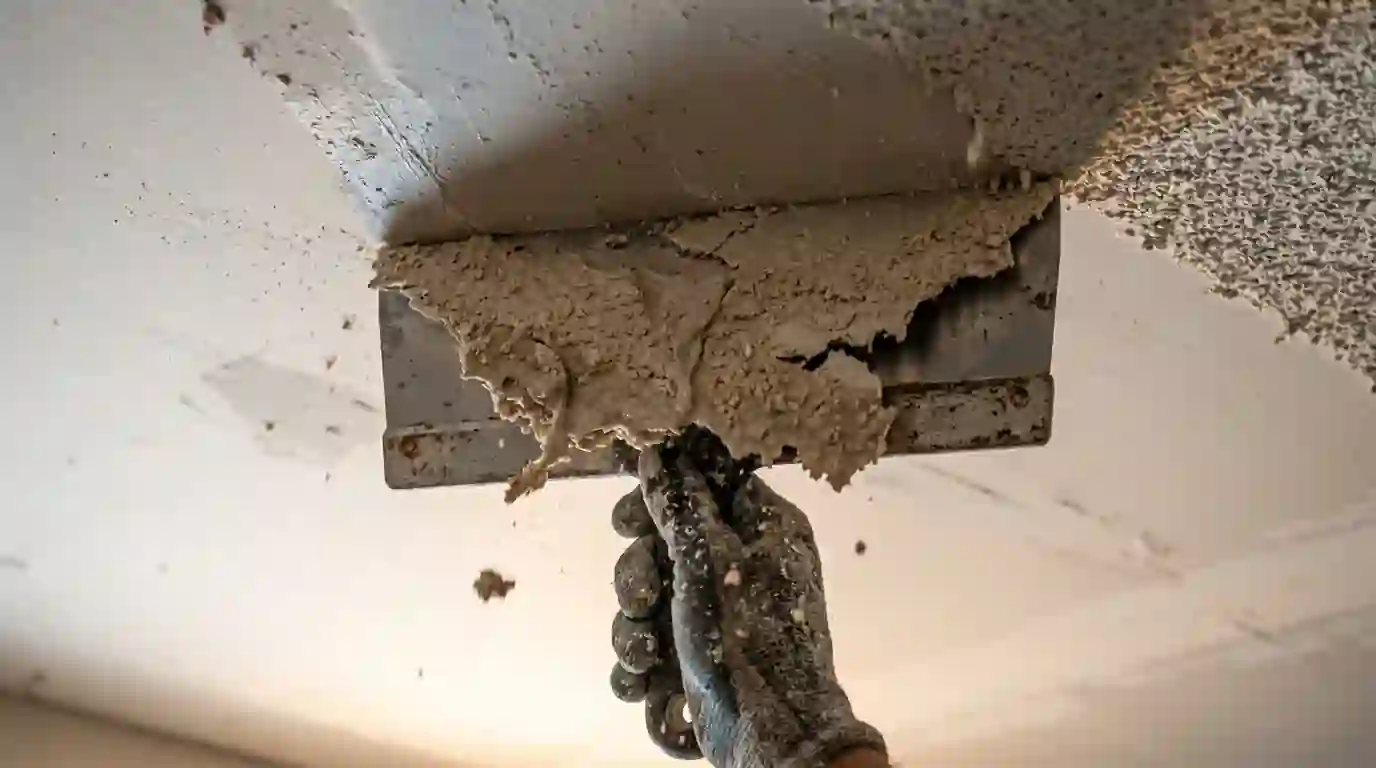 Scraper lifting popcorn texture to reveal drywall underneath