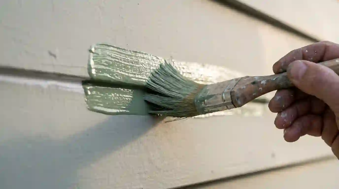 Close-up of fresh acrylic paint on lap siding seam